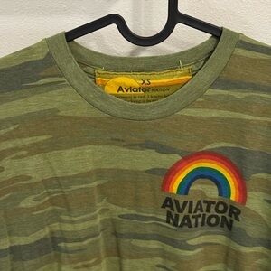 Aviator Nation Green Camouflage Tee with Rainbow Accent
